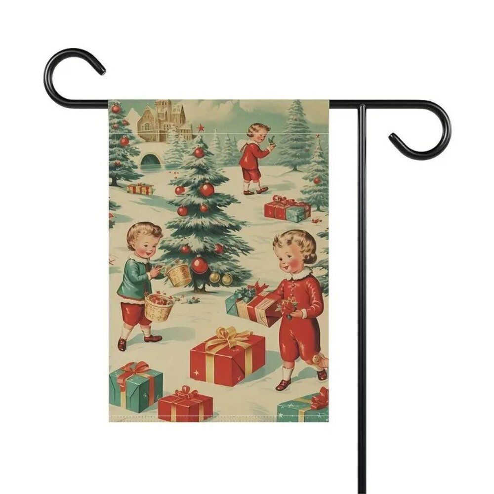 12 x 18 Holiday Wall Banner Festive Christmas Kids and Presents Merry Christmas